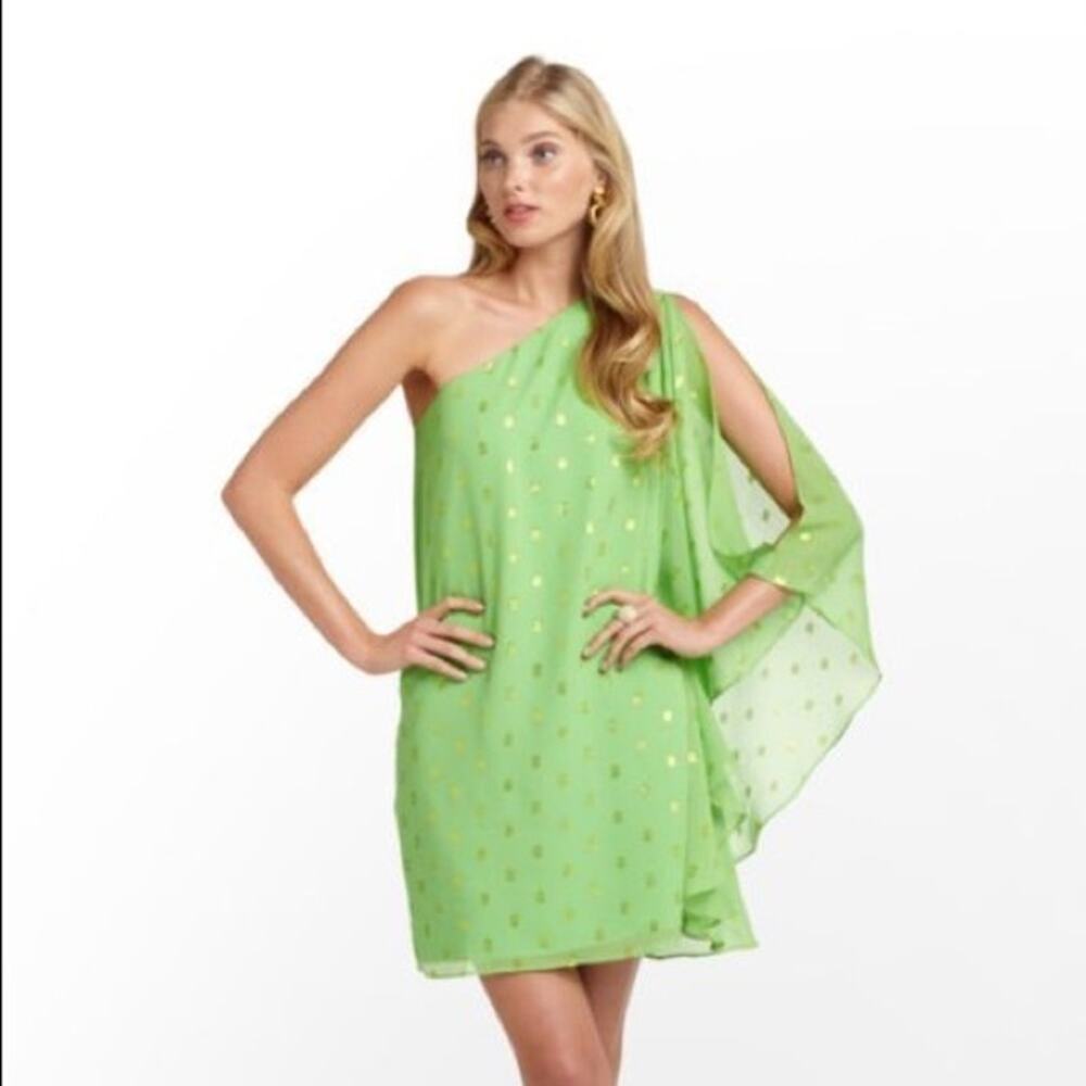 Lilly Pulitzer "Pop the Bubbly" Jacquard Preen One-Shoulder Dress EUC